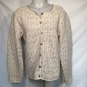 Vintage 90s Reba Rose Cream Diamond Stitch Cotton Cardigan Women’s Size Small
